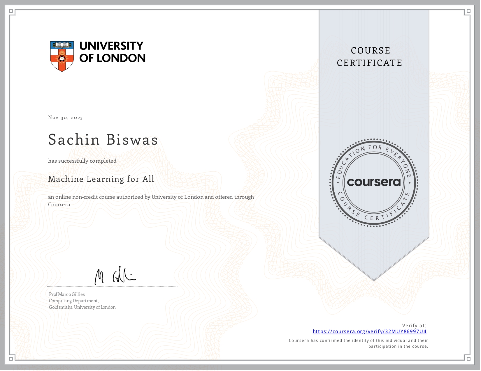 Machine Learning for All certificate